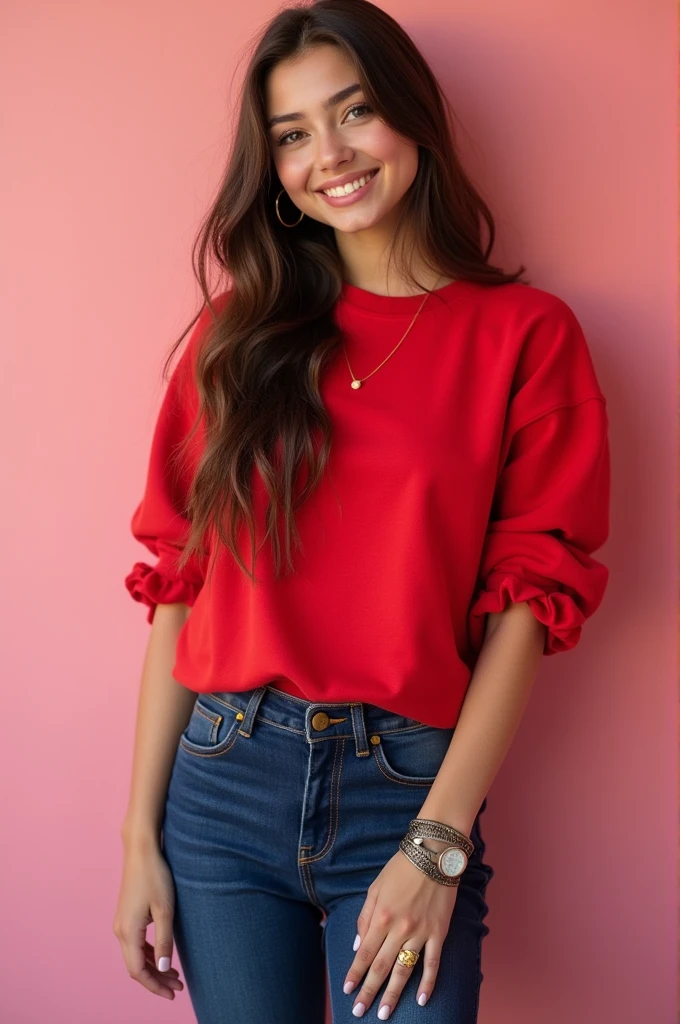 A girl she have long hair glossy lips and a cute face with smile she wear a red colour oversized top and tight navy blue jeans and white sneakers fair skin and a metal bracelet on right hand and a golden ring in ring finger