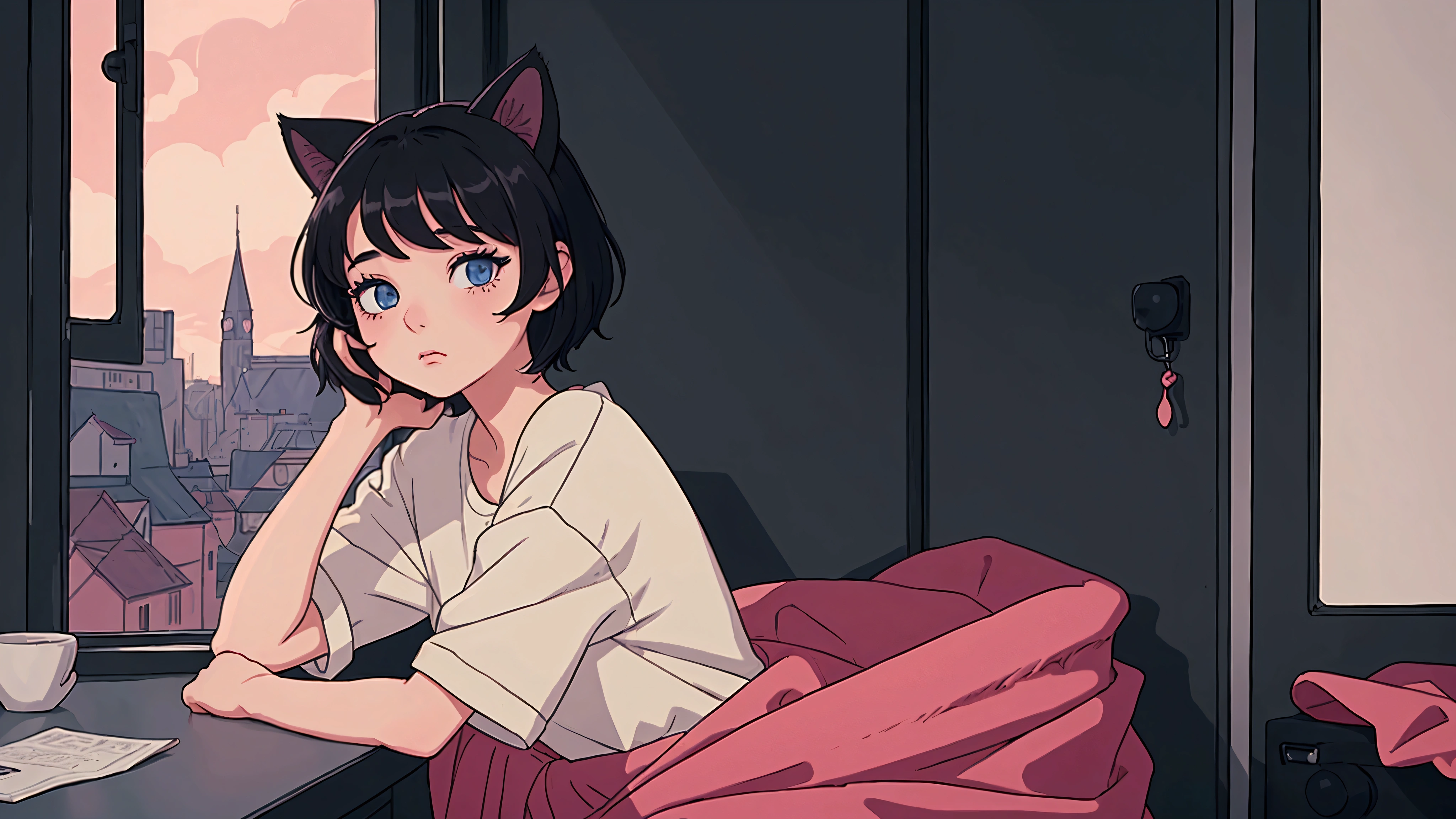 A girl with short black hair and cat ears, wearing dark clothes, with a relaxing atmosphere. She is a little further away, with a view of her from the waist up, listening to music, and the detailed and vibrant colors, reflecting an 80s and 90s anime aesthetic, mixed with a touch of Fujifilm aesthetics. The girl has beautiful eyes, and the entire composition is in 4K, capturing the lofi aesthetic with a soft and tranquil atmosphere.