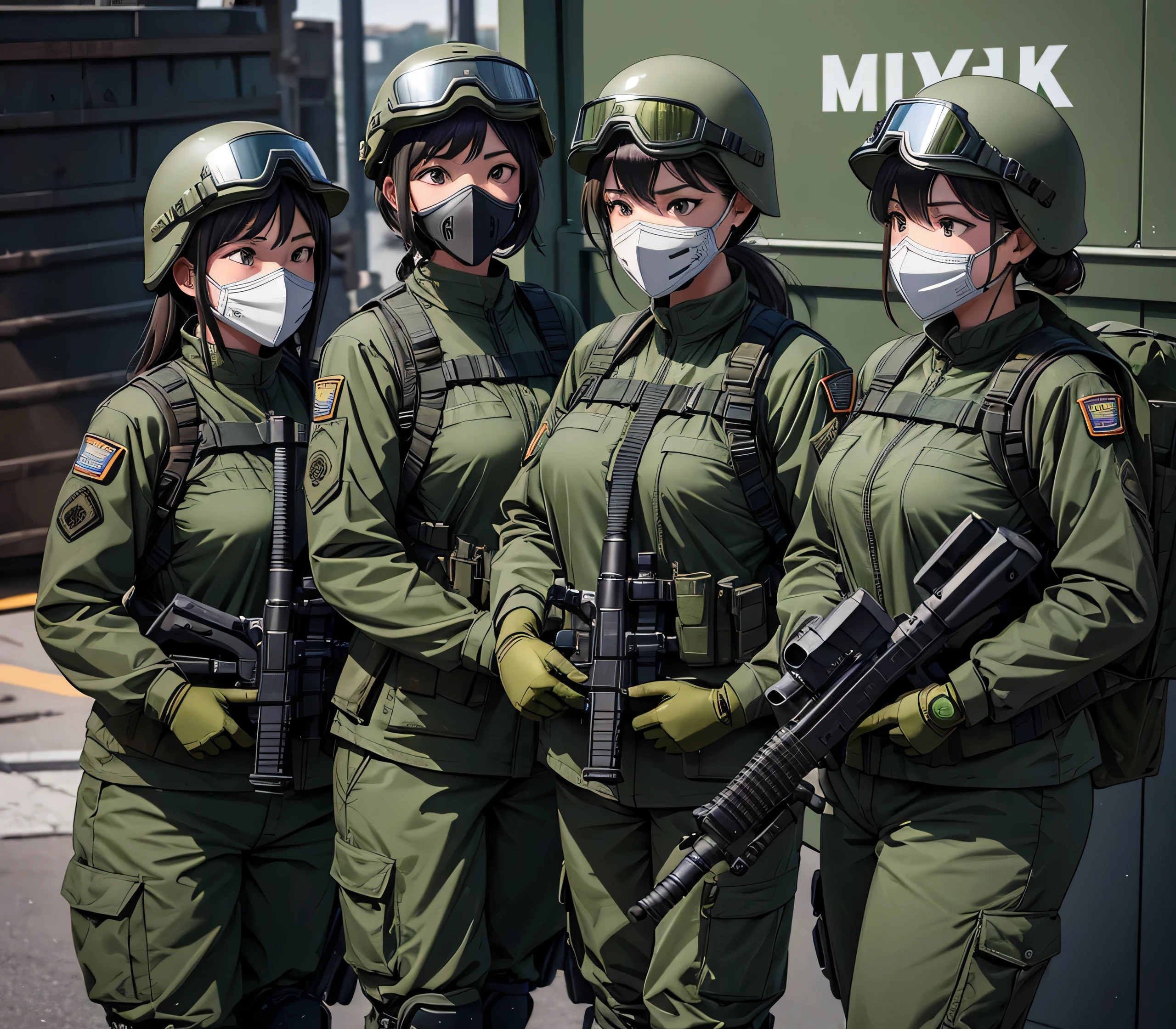 Four female special forces soldiers wearing dark green M-51 military uniforms stand side by side、Put on a helmet、Wear goggles、wearing gas masks、Individual equipment set、Knee pads、dusk、Write details、masterpiece、best quality、Highly detailed CG、8K picture quality