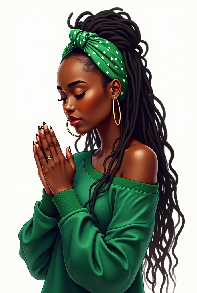 A glossy, ultra-realistic digital airbrush illustration with 3D high- resolution studio lighting and pop art style of a beautiful dark chocolate-skinned African American woman praying with her head bowed down and her hands together in front of her. She has long locs adorned with a green and white polka dot headband, wearing an oversized green off-one-shoulder long sleeve sweater. She is adorned with oversized thin gold hoop earrings. The background is pure white, emphasizing her serene expression and sophisticated presence.