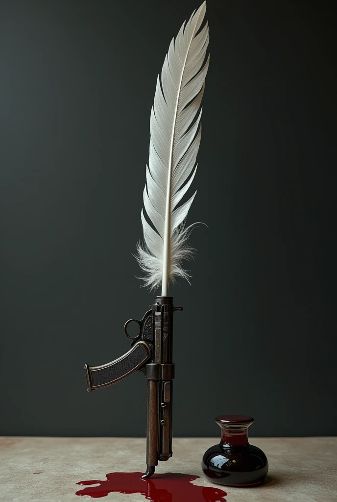 A bird feather extending into a vertical pistol, barrel down with an inkwell filled with blood next to it and blood under the barrel.