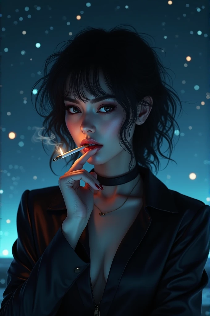 Create a attitude girl photo smoking at stary night