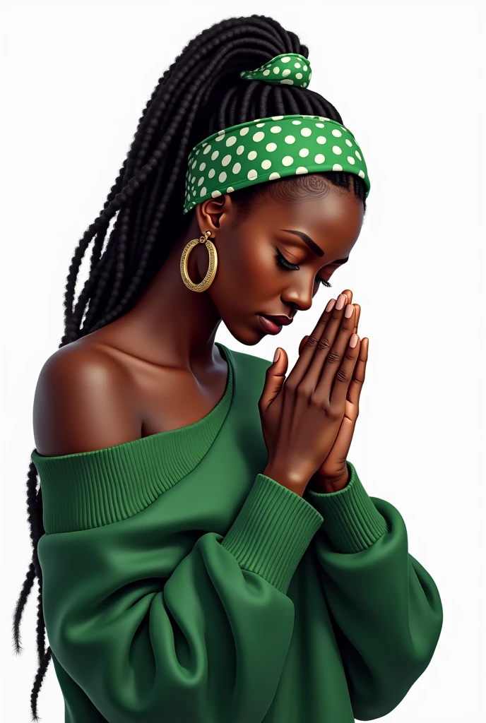 A glossy, ultra-realistic digital airbrush illustration with 3D high- resolution studio lighting and pop art style of a beautiful dark chocolate-skinned African American woman praying with her head bowed down and her hands together in front of her. She has long locs adorned with a green and white polka dot headband, wearing an oversized green off-one-shoulder long sleeve sweater. She is adorned with oversized thin gold hoop earrings. The background is pure white, emphasizing her serene expression and sophisticated presence.