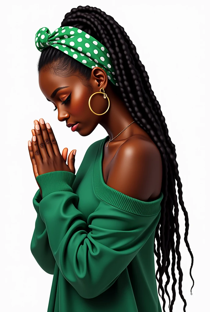 A glossy, ultra-realistic digital airbrush illustration with 3D high- resolution studio lighting and pop art style of a beautiful dark chocolate-skinned African American woman praying with her head bowed down and her hands together in front of her. She has long locs adorned with a green and white polka dot headband, wearing an oversized green off-one-shoulder long sleeve sweater. She is adorned with oversized thin gold hoop earrings. The background is pure white, emphasizing her serene expression and sophisticated presence.