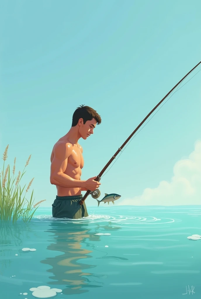 A fisherman clipart without clothes half way in the water,  stands in water and water is to his chest, and fishing. The fisherman stands 90 degree on teh side and non facing  to camera. The water is very clear can see everything. The water is higy to his chest. His shoulder is under the water and one fish is coming to his shoulder.