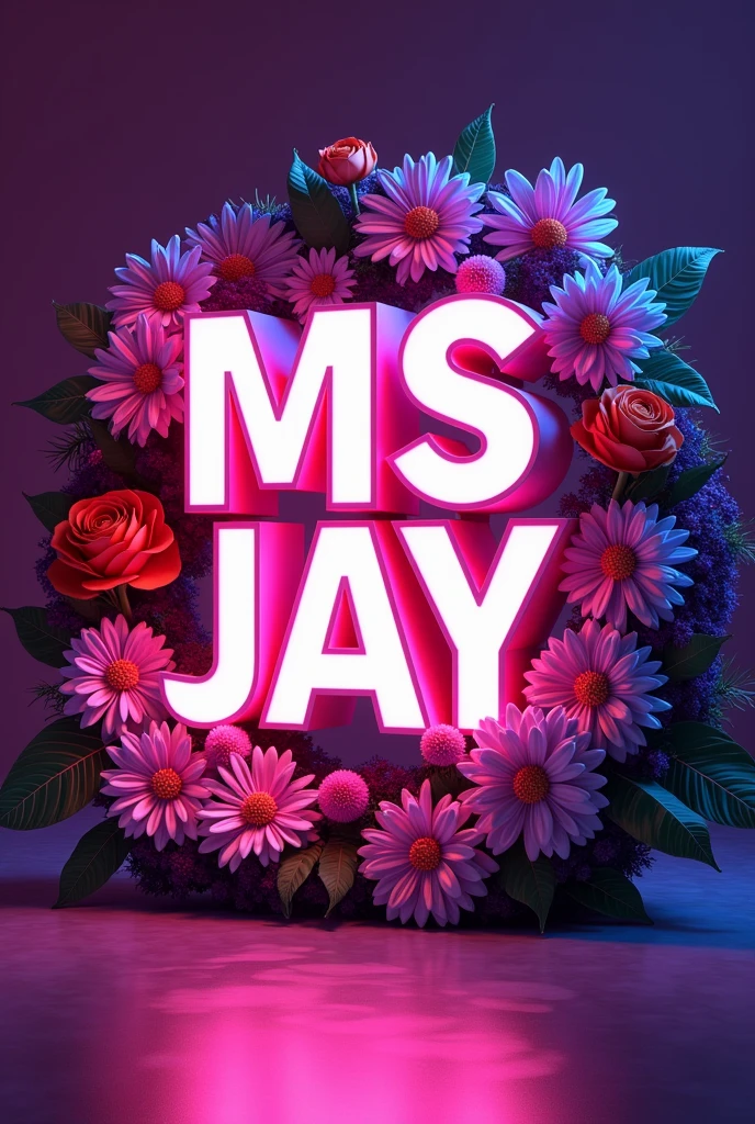 Purple background with neon lights and flower's and has a name 3d Ms Jay on it