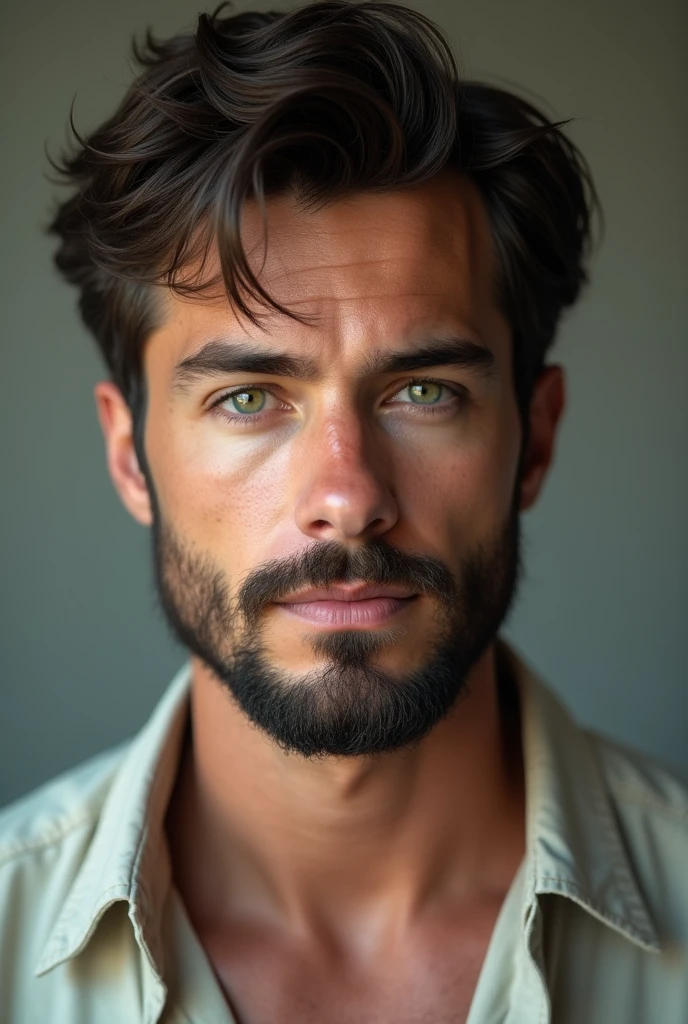 (photorealism:1.2),  a handsome man in his late 20s with a rugged yet well-groomed appearance. He has short, tousled dark hair and a full beard with a slightly lighter tone. His eyes are bright green, with a piercing and intense gaze. The man is wearing a casual, light-colored shirt that reveals a strong build and tan skin. The background is simple and neutral, highlighting his facial features and expression. The lighting is soft, emphasizing his chiseled jawline and subtle facial shadows, creating a natural and confident look.