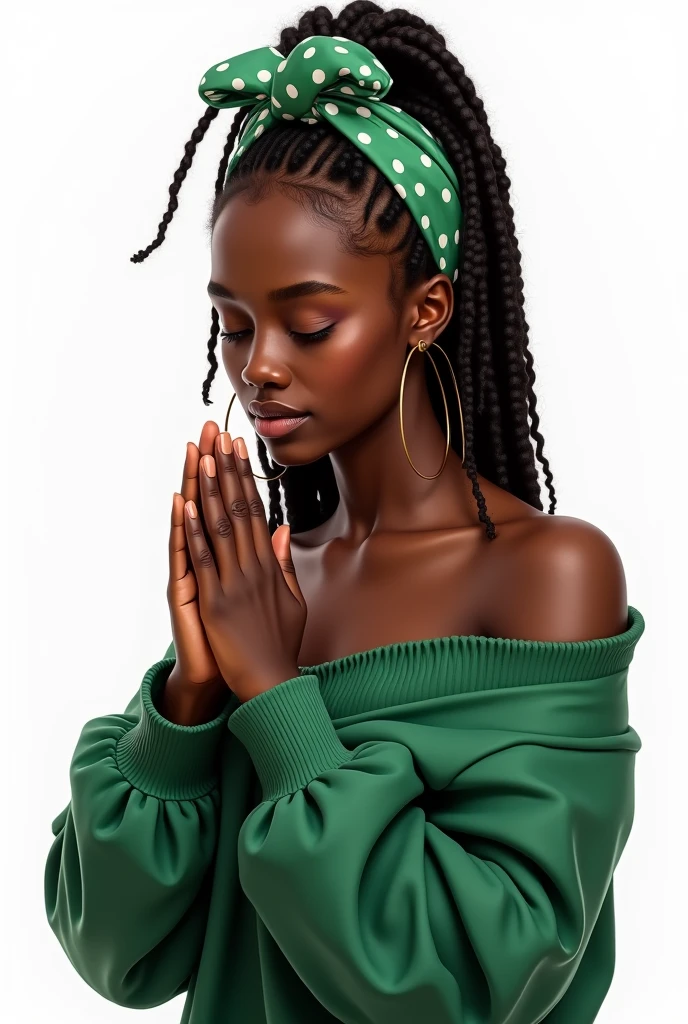 A glossy, ultra-realistic digital airbrush illustration with 3D high- resolution studio lighting and pop art style of a beautiful dark chocolate-skinned African American woman praying with her head bowed down and her hands together in front of her. She has long locs adorned with a green and white polka dot headband, wearing an oversized green off-one-shoulder long sleeve sweater. She is adorned with oversized thin gold hoop earrings. The background is pure white, emphasizing her serene expression and sophisticated presence.