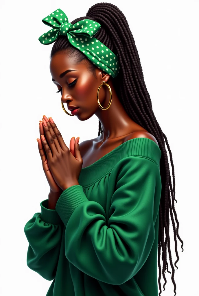A glossy, ultra-realistic digital airbrush illustration with 3D high- resolution studio lighting and pop art style of a beautiful dark chocolate-skinned African American woman praying with her head bowed down and her hands together in front of her. She has long locs adorned with a green and white polka dot headband, wearing an oversized green off-one-shoulder long sleeve sweater. She is adorned with oversized thin gold hoop earrings. The background is pure white, emphasizing her serene expression and sophisticated presence.