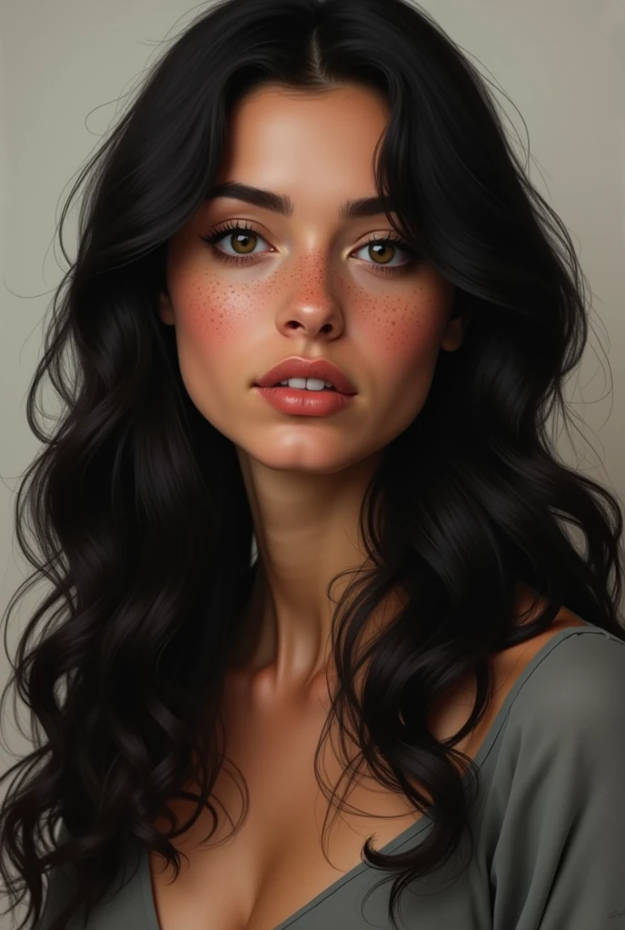 brunette woman, 40 year old, long black hair with waves, oval face with freckles