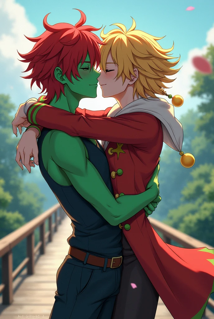 2 male teenagers they are kissing the male teenager on the left is redheaded and has green skin and the male teenager on the right has blond hair has blond hair fair skin is wearing a jester outfit they are on a bridge kissing passionately both are male the image has to be in anime