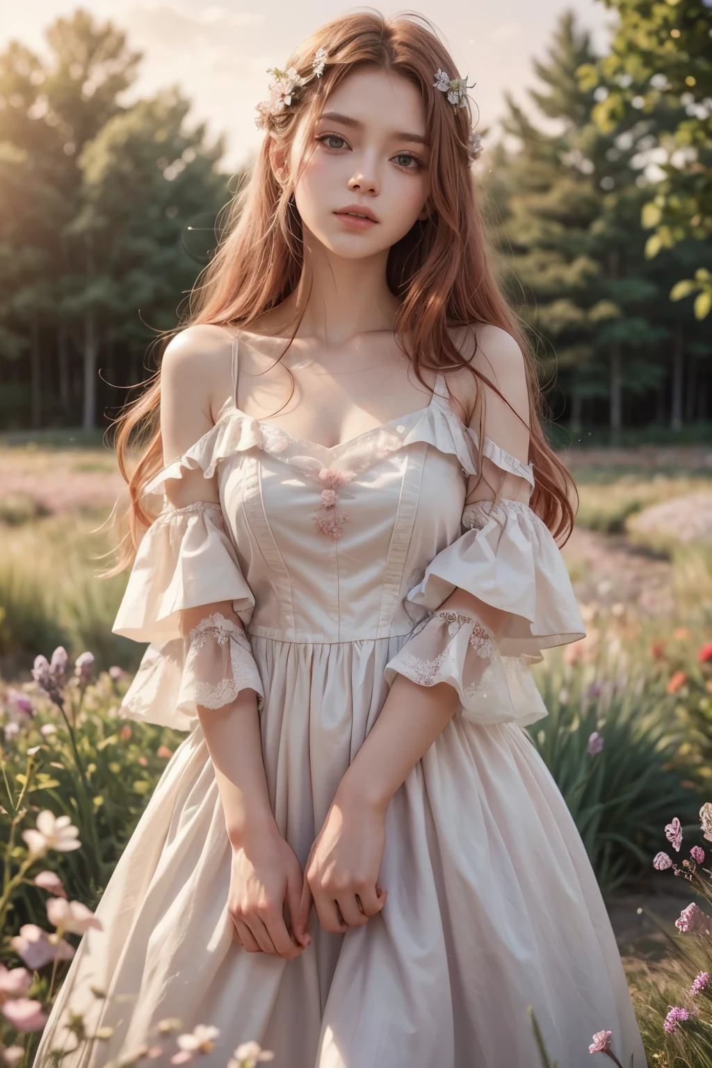 Portrait of a woman with an ethereal and delicate look. She has long red hair, slightly wavy, that fall softly on the shoulders. She has an innocent expression and a petite and mignon body. Her vibrant green eyes contrast subtly with her fair, slightly pink skin.. Makeup is minimalist, highlighting the cheeks with a touch of rosy blush and lips in a soft shade of pink. She wears a bucolic blue flowery dress, with a pattern of small flowers in soft tones, like lavender, pale pink and cream. The dress has a romantic cut, with puffed sleeves and a subtly square neckline. She is standing in a vast field of wildflowers, surrounded by a variety of flowers in soft tones. The horizon is slightly blurred, creating a sense of depth, while the soft lighting enhances the serenity and beauty of the setting.