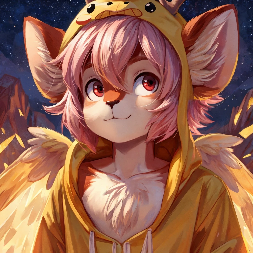   (((solo))), A cute pink and pastel yellow baby with deer ears and yellow wings, yellow feathered wings, small deer antlers, doe eyes, cute, faun spots, faun tail, red eyes, large blond highlights on light pink hair, male, boy, short hair, wearing a cute duck onesie, 2d, cartoon, High Resolution, Masterpiece, Best Quality, High Details, High Quality, 