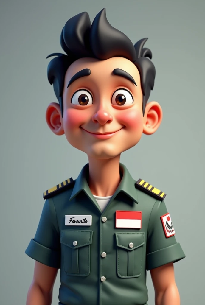an indonesia man, javanese, on his 40, calm face, typical family man, wear top gun jet fighter uniform,his name tanto written on left name tag, favourite trans written on right, indonesia flag on right shoulder, big head, 3d, short hair, portrait. grey background, 3d cartoon, caricature