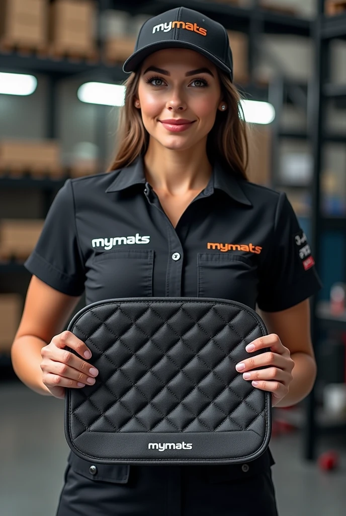 A hyper-realistic image of a beautiful young woman with a model-like appearance and a stunning figure, standing confidently in a professional automotive service center. She is wearing a branded uniform consisting of a jumpsuit, cap, and T-shirt. Both the jumpsuit and cap are emblazoned with the "MYMATS" logo. The woman is holding and showcasing an automotive 3D car mat made of black eco-leather to the camera. She is displaying a driver's side mat with high edges and an extended flap that covers the floor along the door sill. The mat features diamond quilting in white thread, with each diamond uniformly sized. The mat is also embroidered with the word "MYMATS" in large, bold golden letters. Behind her, the blurred background reveals a warehouse with shelves displaying other company products, adding depth and context to the scene.