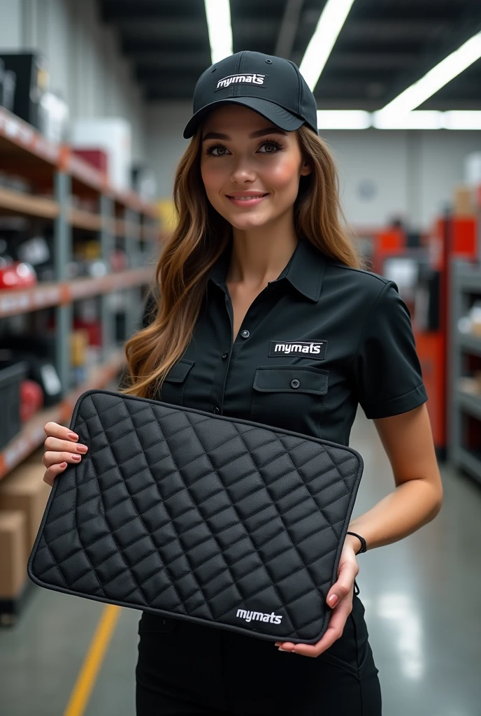 A hyper-realistic image of a beautiful young woman with a model-like appearance and a stunning figure, standing confidently in a professional automotive service center. She is wearing a branded uniform consisting of a jumpsuit, cap, and T-shirt. Both the jumpsuit and cap are emblazoned with the "MYMATS" logo. The woman is holding and showcasing an automotive 3D car mat made of black eco-leather to the camera. She is displaying a driver's side mat with high edges and an extended flap that covers the floor along the door sill. The mat features diamond quilting in white thread, with each diamond uniformly sized. The mat is also embroidered with the word "MYMATS" in large, bold golden letters. Behind her, the blurred background reveals a warehouse with shelves displaying other company products, adding depth and context to the scene.