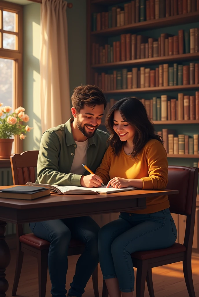 um casal, happy, Tall thin man, chubby woman, writing a book together in your home library. PICTURE REALISTIC.