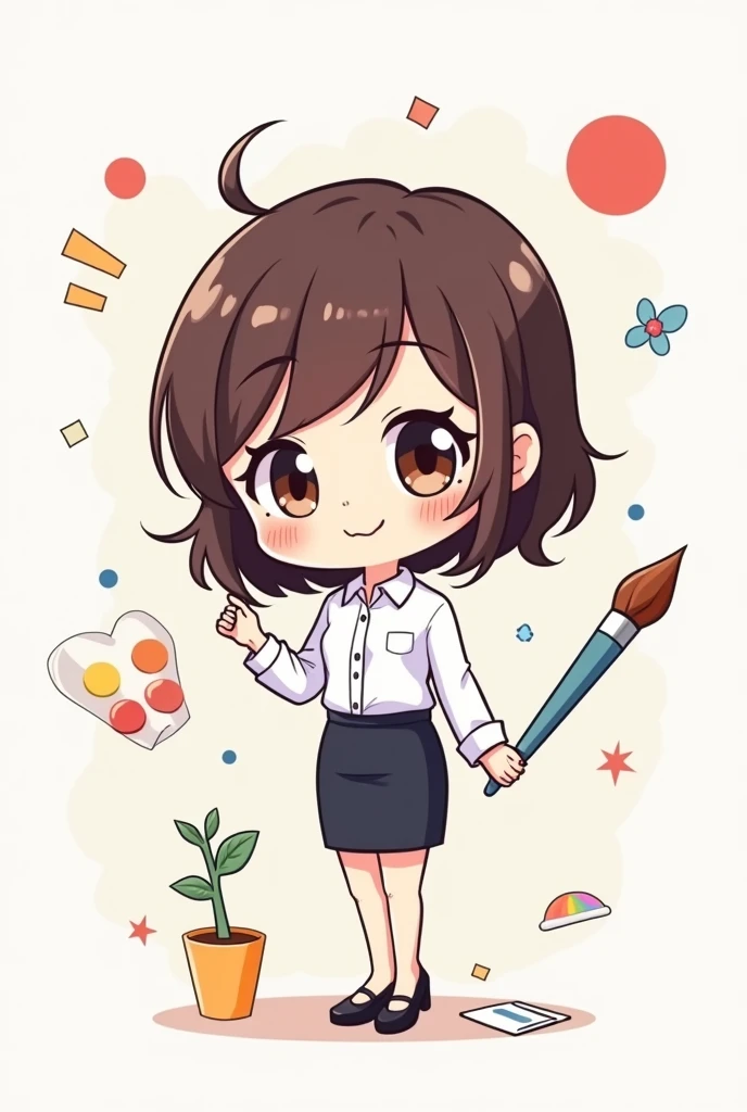 representing anime executive secretary, chibbi, cute as manga with small representative objects of graphic design in the air