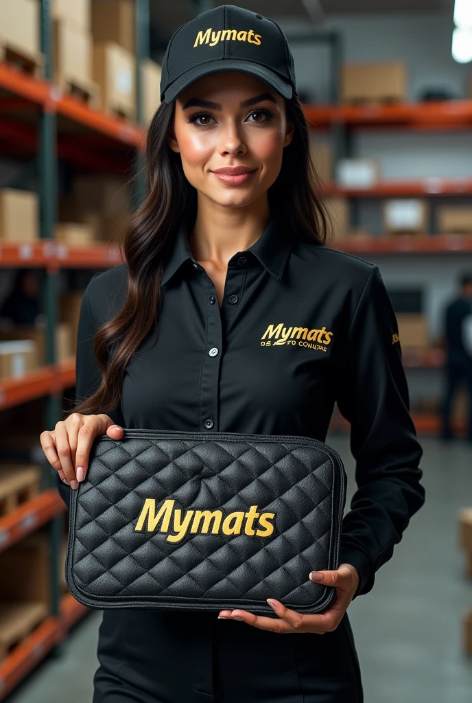 A hyper-realistic image of a beautiful young Latina woman with a stunning face, attractive features, and a perfect figure, standing confidently in a professional automotive service center. She is wearing a branded uniform consisting of a jumpsuit, cap, and T-shirt. Both the jumpsuit and cap are emblazoned with the "MYMATS" logo. The woman is holding and showcasing an automotive 3D car mat made of black eco-leather to the camera. She is displaying a driver's side mat with high edges and an extended flap that covers the floor along the door sill. The mat features diamond quilting in white thread, with each diamond uniformly sized. The mat is also embroidered with the word "MYMATS" in large, bold golden letters. Behind her, the blurred background reveals a warehouse with shelves displaying other company products, adding depth and context to the scene.