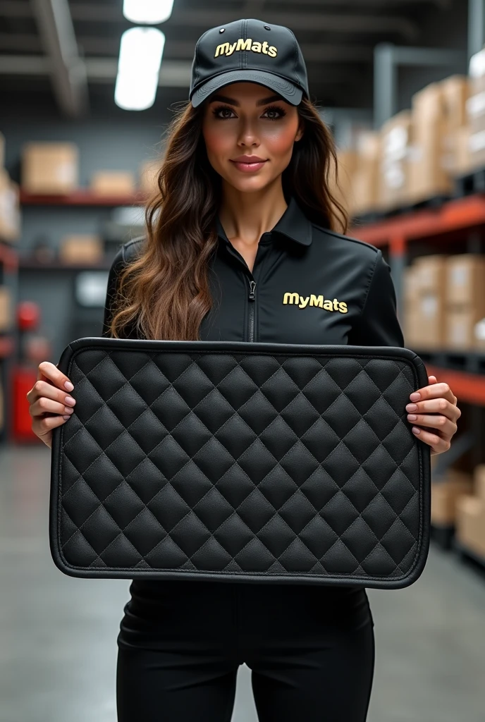 A hyper-realistic image of a beautiful young Latina woman with a stunning face, attractive features, and a perfect figure, standing confidently in a professional automotive service center. She is wearing a branded uniform consisting of a jumpsuit, cap, and T-shirt. Both the jumpsuit and cap are emblazoned with the "MYMATS" logo. The woman is holding and showcasing an automotive 3D car mat made of black eco-leather to the camera. She is displaying a driver's side mat with high edges and an extended flap that covers the floor along the door sill. The mat features diamond quilting in white thread, with each diamond uniformly sized. The mat is also embroidered with the word "MYMATS" in large, bold golden letters. Behind her, the blurred background reveals a warehouse with shelves displaying other company products, adding depth and context to the scene.