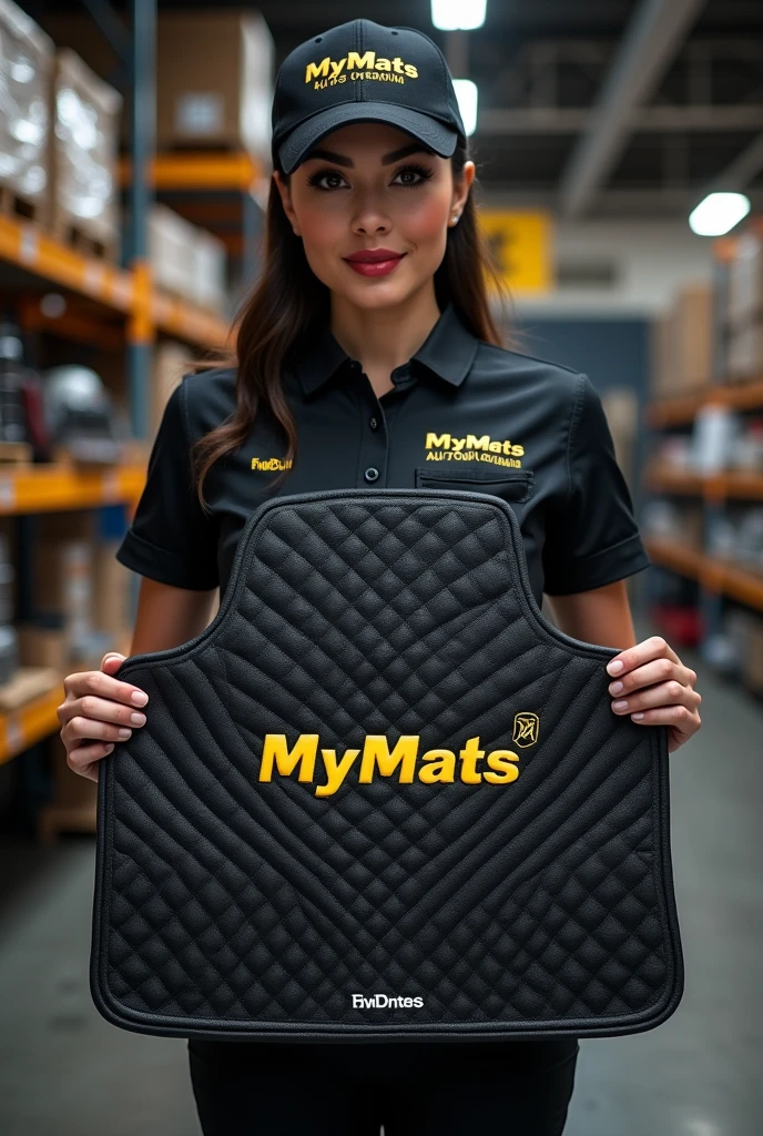 A hyper-realistic image of a beautiful young Latina woman with a stunning face, attractive features, and a perfect figure, standing confidently in a professional automotive service center. She is wearing a branded uniform consisting of a jumpsuit, cap, and T-shirt. Both the jumpsuit and cap are emblazoned with the "MYMATS" logo. The woman is holding and showcasing an automotive 3D car mat made of black eco-leather to the camera. She is displaying a driver's side mat with high edges and an extended flap that covers the floor along the door sill. The mat features diamond quilting in white thread, with each diamond uniformly sized. The mat is also embroidered with the word "MYMATS" in large, bold golden letters. Behind her, the blurred background reveals a warehouse with shelves displaying other company products, adding depth and context to the scene.