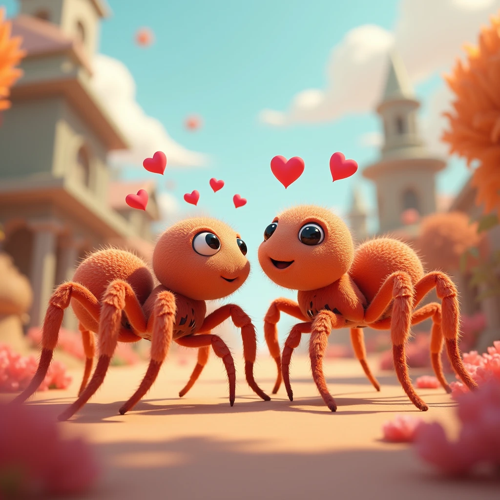 3d、Ultra HD、Side view、Digital Art、Two 1 metre huntsman spiders playing、The huntsman spider is smiling、Hearts are flying around