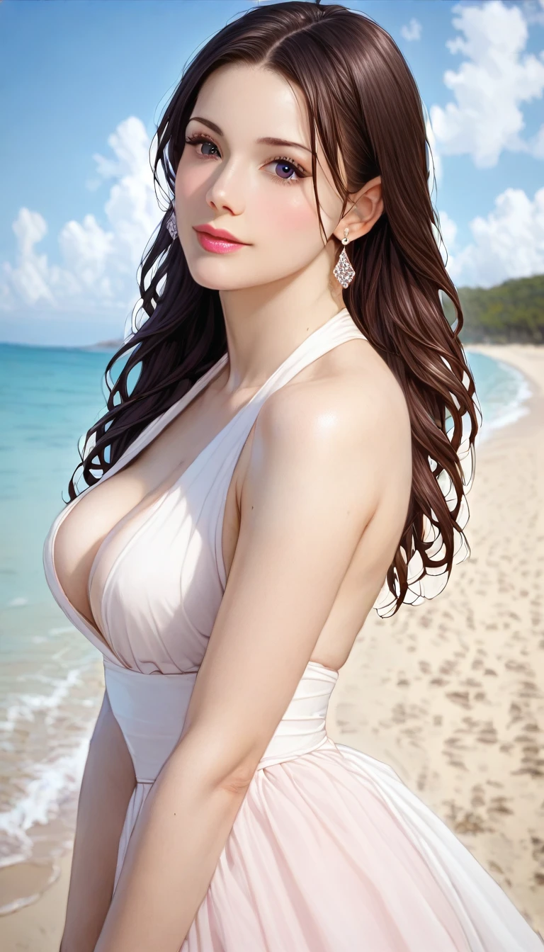 score_9, score_8_superior, score_7_superior,
A masterpiece in 32K resolution,Highest quality,Very detailed,Ultra-realistic,Realistic,Increased depth of field,Cinematic lighting,
Elegant Japanese actress,
Ultra-detailed and beautiful face,Black Hair,Long Hair,Gentle expression,Ultra-detailed skin,Translucent white skin,Realistic skin texture,Great proportions,
Elegant resort dresses,
Seaside at sunset,Desolate sandy beach,
Dramatic Angle,