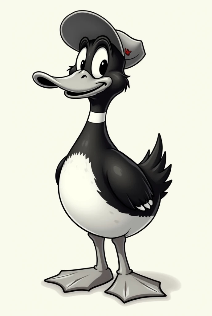 create me a cartoonish black and white duck from the 40s with a cap