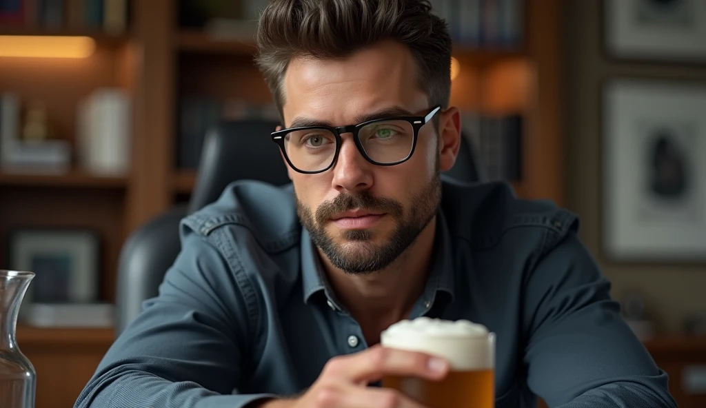 there is a man sitting at a desk with a glass of beer, strong masculine features, sitting at his desk, portrait shot, with glasses and goatee, handsome man, man with glasses, very attractive man with beard, sitting behind desk, semi - realistic render, sitting at desk, attractive man, handsome male, detailed portrait shot, realistic depiction