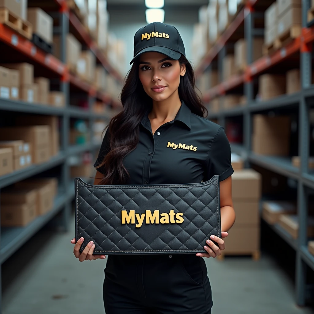 A hyper-realistic image of a beautiful young Latina woman with a stunning face, attractive features, and a perfect figure, standing confidently in a professional automotive service center. She is wearing a branded uniform consisting of a jumpsuit, cap, and T-shirt. Both the jumpsuit and cap are emblazoned with the "MYMATS" logo. The woman is holding and showcasing an automotive 3D car mat made of black eco-leather to the camera. She is displaying a driver's side mat with high edges and an extended flap that covers the floor along the door sill. The mat features diamond quilting in white thread, with each diamond uniformly sized. The mat is also embroidered with the word "MYMATS" in large, bold golden letters. Behind her, the blurred background reveals a warehouse with shelves displaying other company products, adding depth and context to the scene.