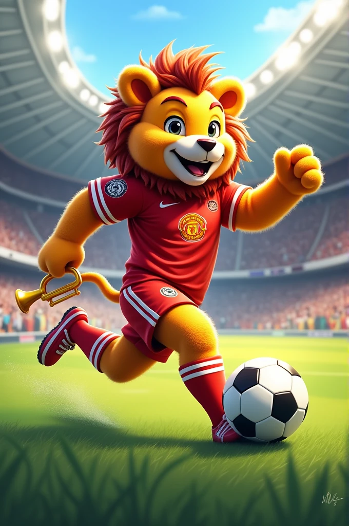 A soccer mascot kicking a ball and holding a trumpet in his hand