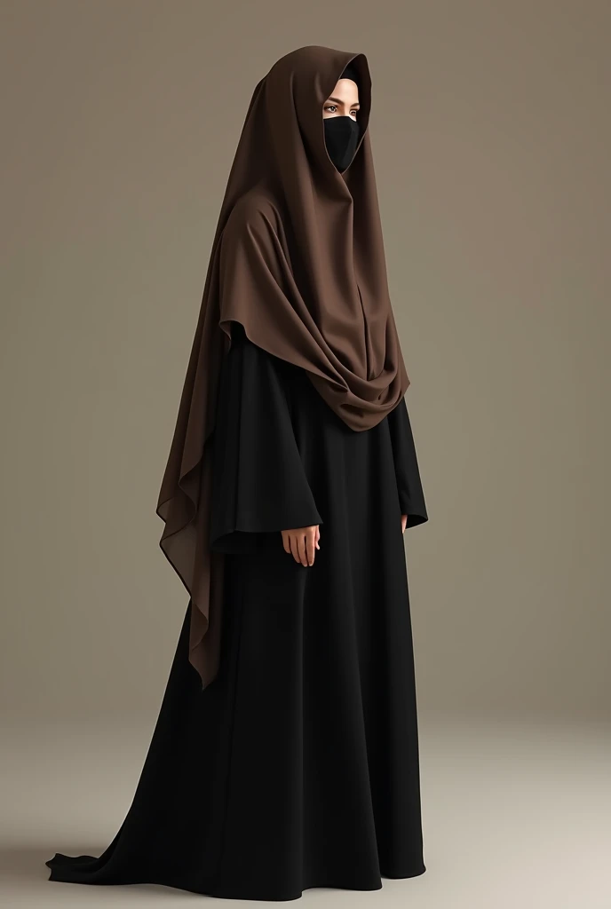 Black abaya, brown veil, and black niqab