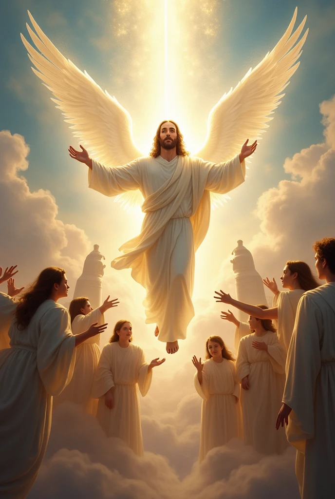 Jesus in heaven with angels inviting people from eart