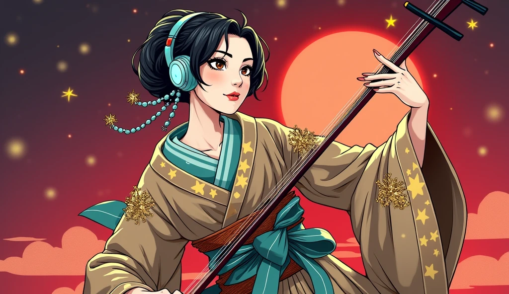 Portrait of a graceful female samurai with makeup in bright turquoise and white, giving her a fresh and lively appearance. Her hair is arranged in a loose bun, adorned with small, decorative beads that sparkle like stars. She is focused on playing a koto, with modern, glowing neon-blue headphones. The backdrop features a serene night landscape with a large, luminous moon and twinkling stars, reflecting a blend of traditional and contemporary elements.