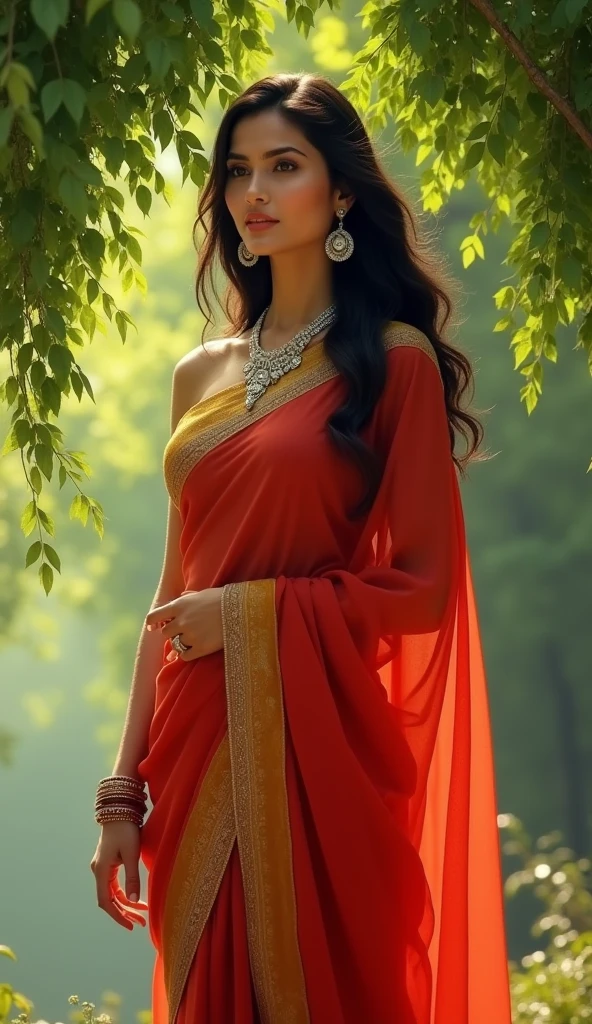 Standing under a tree, in a red saree with a yellow border, her hair cascading in soft waves. She wears a silver necklace and earrings, and her pose is elegant and relaxed.