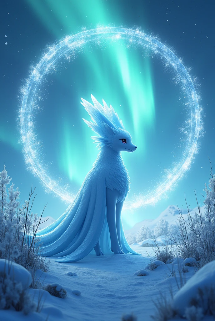 Create a green background with aurora borealis in a circle and ice With the Pokémon Calyrex Ice