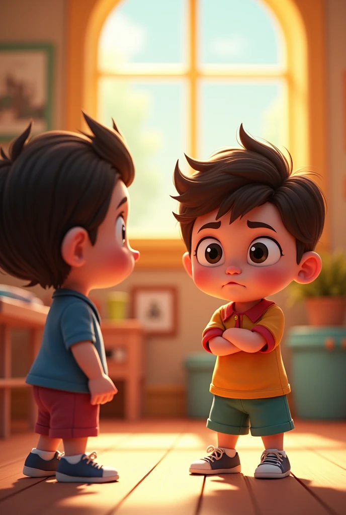 jealousy: A child looking at another with an expression of envy, maybe with arms crossed or looking insecure. Animated image for children