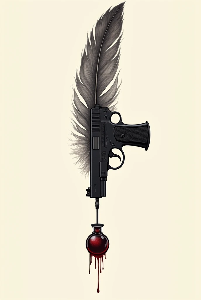 Pour un tatouage, une plume d'oiseau se prolongeant par un pistolet à la verticale, canon vers le bas avec à côté un encrier remplit de sang et du sang sous le canon.