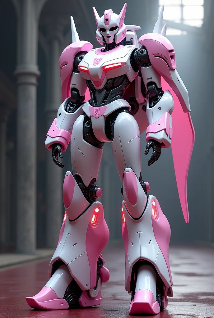 elegant female transformer robot, autobot insignia, slender limbs, backpack, white and pink colors, cinematic lighting, highly detailed, masterpiece, photorealistic