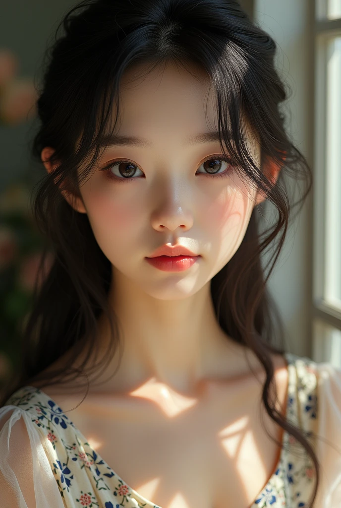 best quality, face focus, soft light, ultra high res, (photorealistic:1.4), RAW photo,
1japanese girl, solo, cute, (pupil, lights in the eyes),  detailed beautiful face, (small chest),(high resolution detail of human skin texture),
(long hair),
indoor,
Damask Shirt Dress,
(portrait)