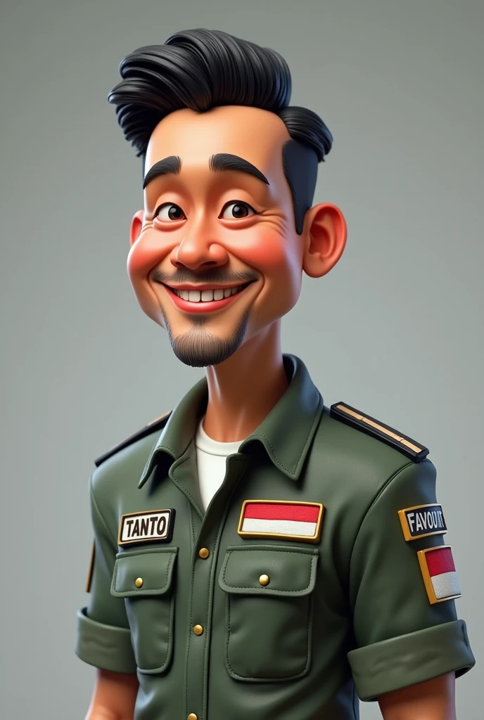 an indonesia man, javanese, on his 40, calm face, typical family man yet stylish, wear top gun jet fighter uniform,his name tanto written on left name tag, favourite trans written on right, indonesia flag on right shoulder, big head, 3d, short , portrait. grey background, 3d cartoon, caricature