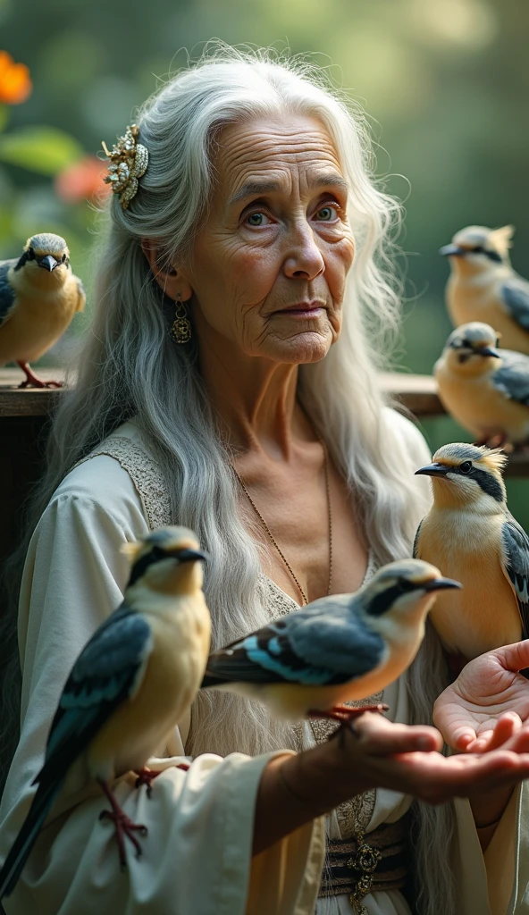 an elderly woman with birds, delicate detailed face, elegant long hair, graceful posture, birds perched on her hands and shoulders, detailed feathers and plumage, lush nature background, soft warm lighting, detailed textures, photorealistic, vibrant colors, cinematic composition, fantasy portrait