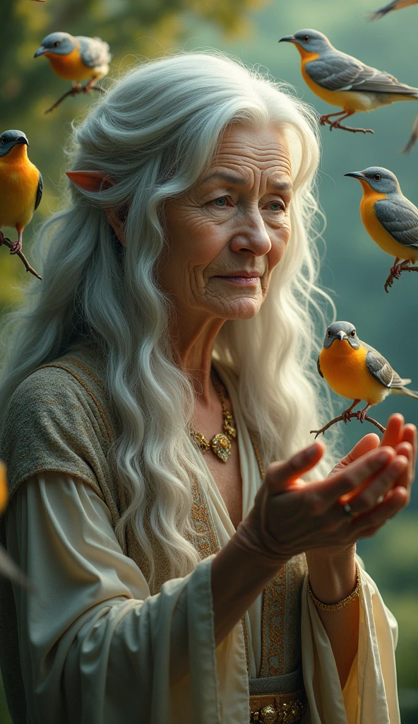 an elderly woman with birds, delicate detailed face, elegant long hair, graceful posture, birds perched on her hands and shoulders, detailed feathers and plumage, lush nature background, soft warm lighting, detailed textures, photorealistic, vibrant colors, cinematic composition, fantasy portrait