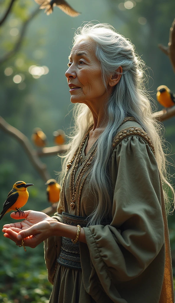 an elderly woman with birds, delicate detailed face, elegant long hair, graceful posture, birds perched on her hands and shoulders, detailed feathers and plumage, lush nature background, soft warm lighting, detailed textures, photorealistic, vibrant colors, cinematic composition, fantasy portrait