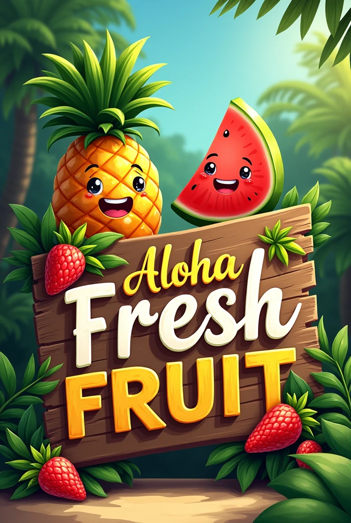A sign that says Aloha Fresh FRUIT with an animated pineapple and watermelon 