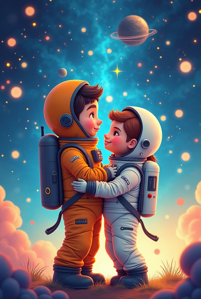 Male & female astronauts lovely moment full cartoon picture. It should be extraordinary.