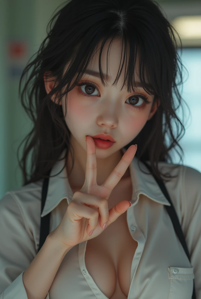 Japanese Cute female college student Selfie Exposed Skin Large Breasts close your eyes Lips kissing blouse High School Uniform Left hand making a peace sign