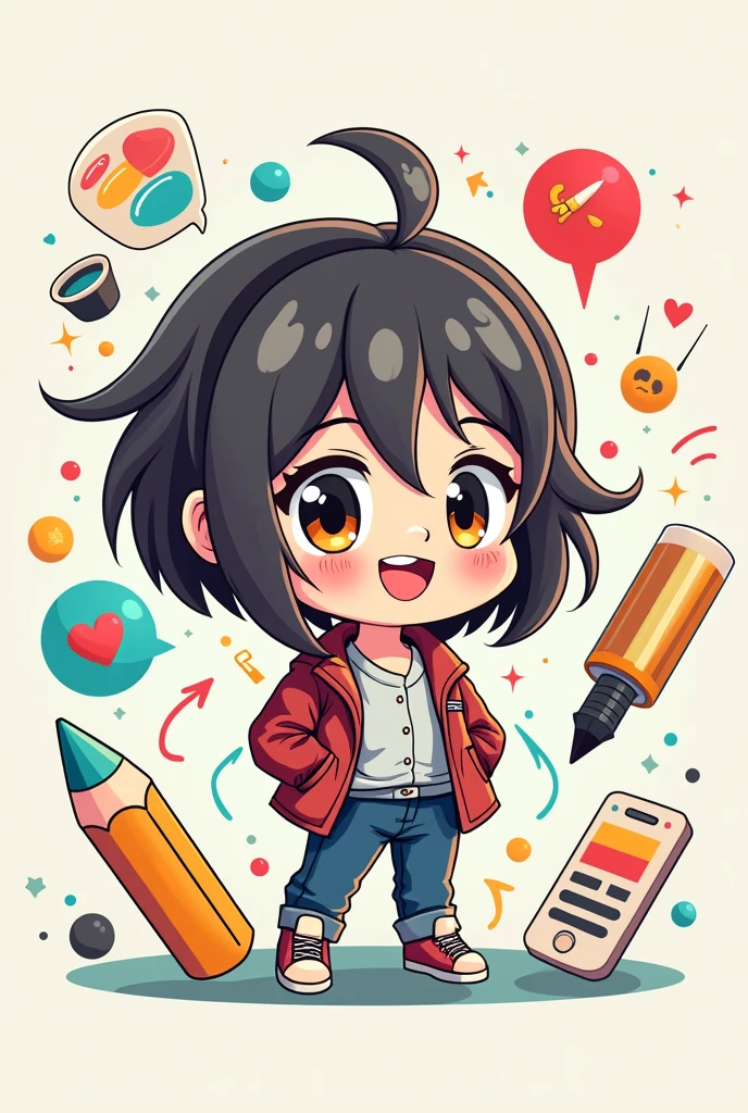 representing anime advertising designer, chibbi, cute as manga with small representative objects of graphic design in the air