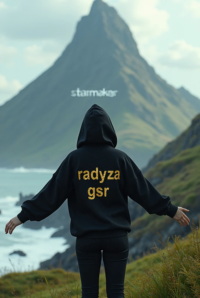 A woman stands on a hill covered with lush green grass, her back facing the camera. He wore a black hoodie that contrasted with the natural surroundings. On the back of his hoodie, there is luxurious, shining gold writing that reads "RADYZA GSR". (The text stands out, as if exuding elegance amidst the serene landscape). In the distance stretches the vast sea with waves breaking on the rocks. You can see a tall mountain rising majestically, seen from the girl's perspective. At the foot of the mountain, standing firmly, there is the writing "STARMAKER" in white, with letters designed with a horror theme, adding to the impression of mystery. The girl stared at the mountain in awe, while her arms stretched towards the sky, as if embracing the majesty of nature that lay before her.