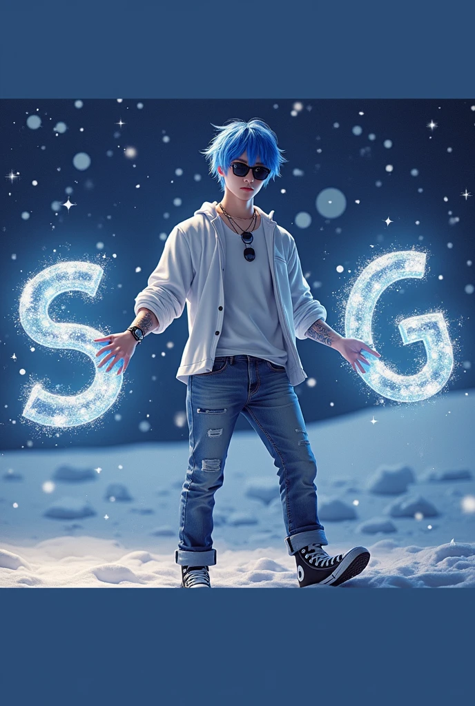 A realistic depiction of humanoid creatures in the world. Japanese  man with bright blue stylish short hair Wear sunglasses with black chrome lenses. Long sleeve white shirt with rolled up sleeves Wolf tattoo on arm, jeans, Converse shoes
Stands holding larger than usual dynamic SNOW letters made of beautiful sparkling crystal. The backdrop is a sea of snow at night with stars twinkling in the sky. UHD 128K.